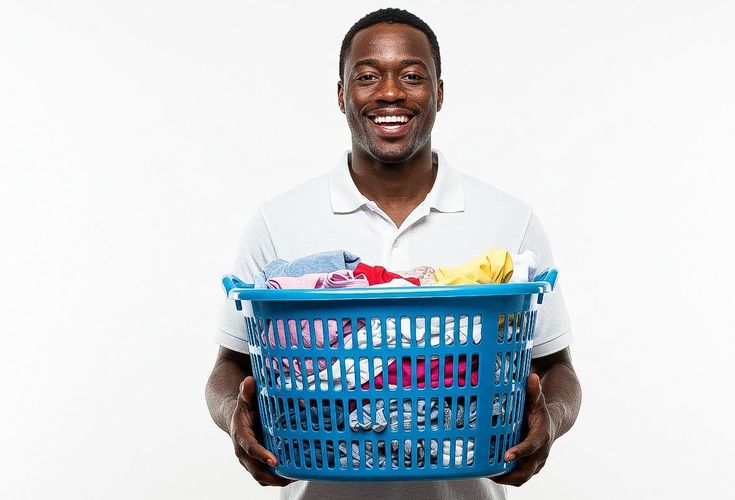 Smiling man holding a blue laundry basket ready for pickup